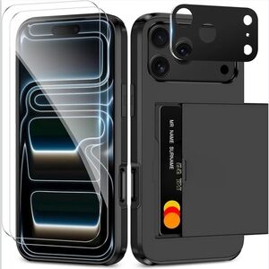 iPhone New 17 Pro Max Wallet Case Card Holder 2 Tempered Glass Screen Protectors